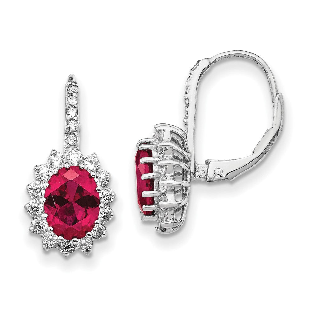Cheryl M Sterling Silver Rhodium-plated Brilliant-cut Lab Created Ruby and Brilliant-cut White CZ Oval Halo Leverback Earr...