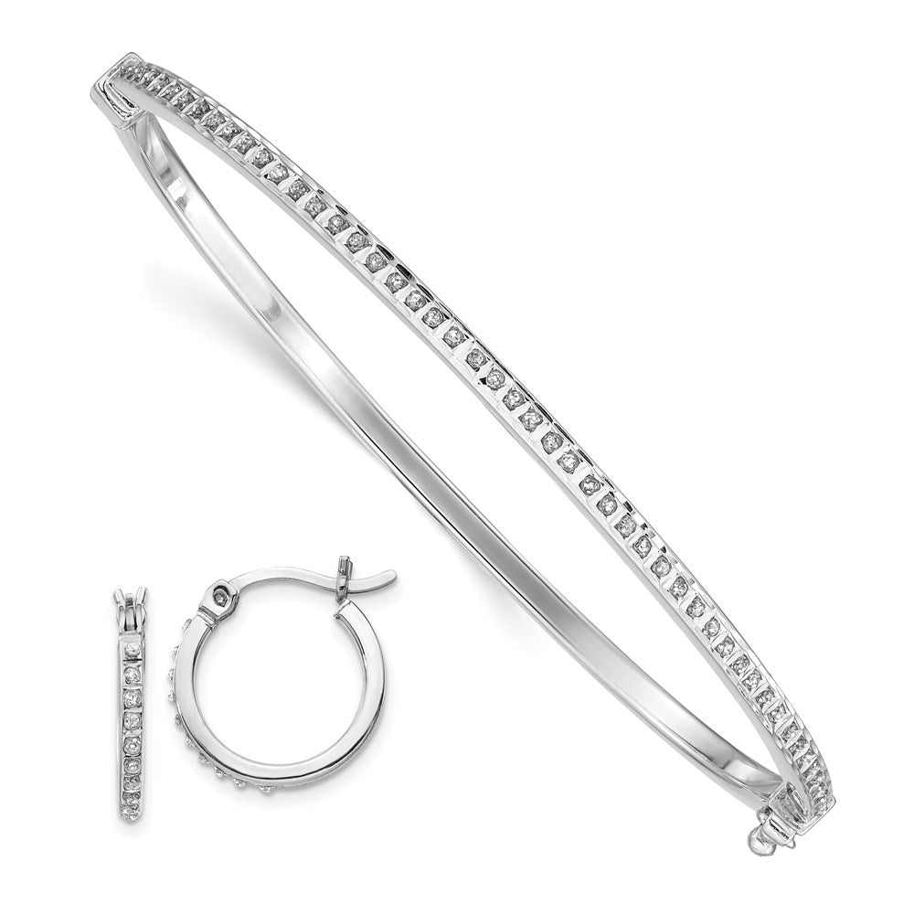 Diamond Fascination Diamond Mystique Sterling Silver Platinum-plated Diamond Hoop Earrings and Hinged Bangle Set