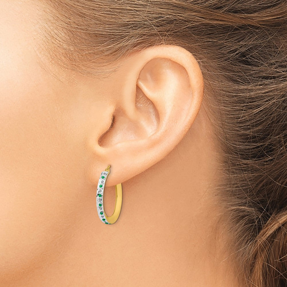 Diamond Fascination Diamond Mystique Sterling Silver 18K Gold-plated Diamond and Emerald Round Hoop Earrings