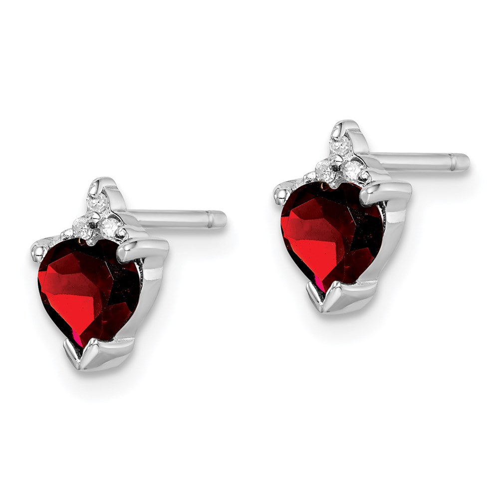 Sterling Silver Rhodium Plated Heart Garnet and Diamond Post Earrings