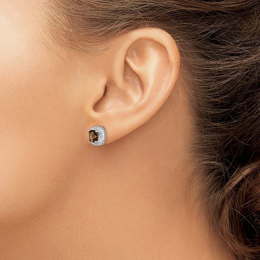 Sterling Silver Rhodium Plated Smoky Quartz and Diamond Post Earrings