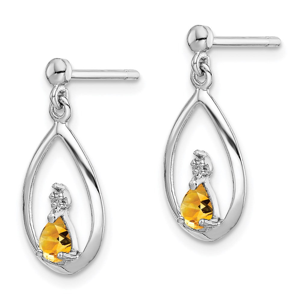 Sterling Silver Rhodium Plated Pear Citrine and Diamond Post Earrings