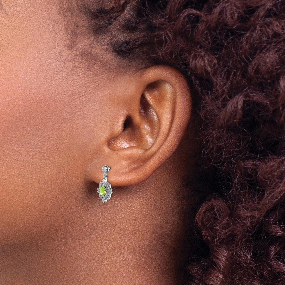 Sterling Silver Rhodium Plated Pear Peridot and Diamond Post Earrings