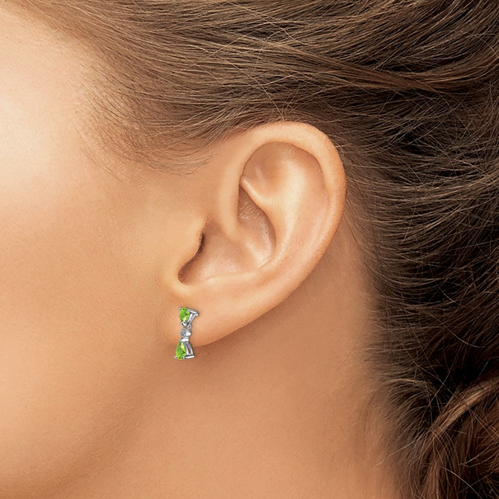 Sterling Silver Rhodium Plated Pear Peridot and Diamond Post Earrings