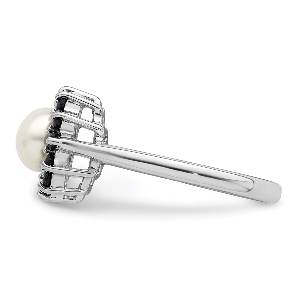 Sterling Silver Rhodium 6mm FW Cultured Button Pearl & Sapphire Ring