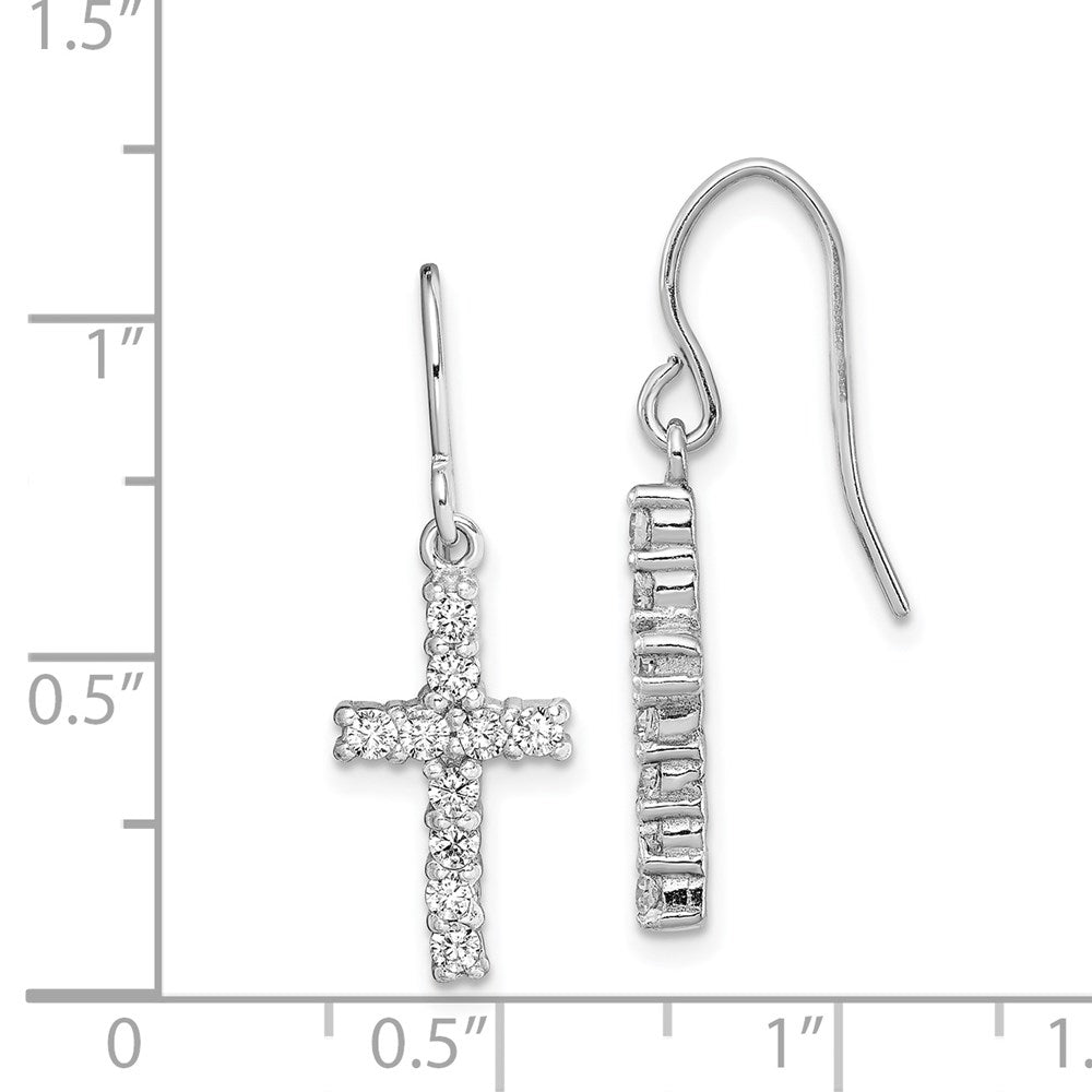 Sterling Silver Rhodium-plated Polished CZ Latin Cross Dangle Earrings