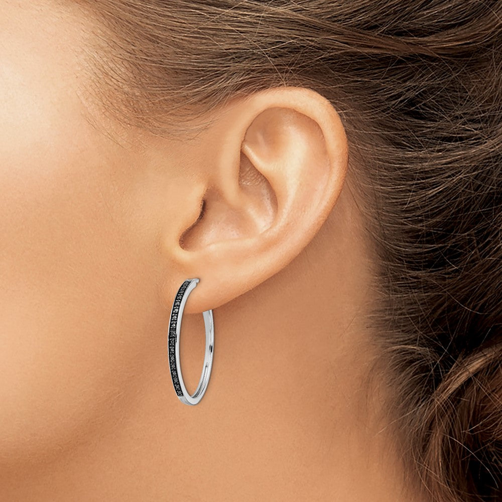 White Night Sterling Silver Rhodium-plated Black Diamond Hoop Earrings