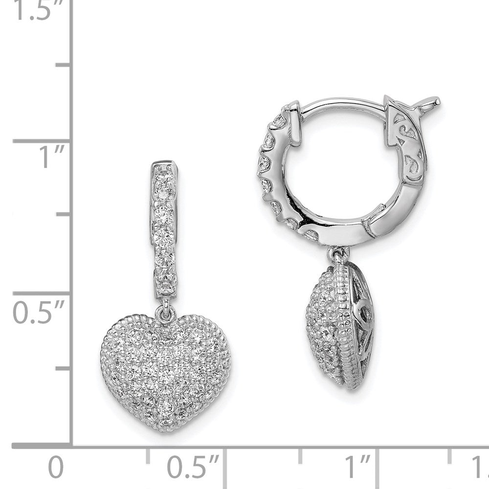 Sterling Shimmer Sterling Silver Rhodium-plated 86 Stone CZ PavÇ Heart Dangle Hinged Hoop Earrings