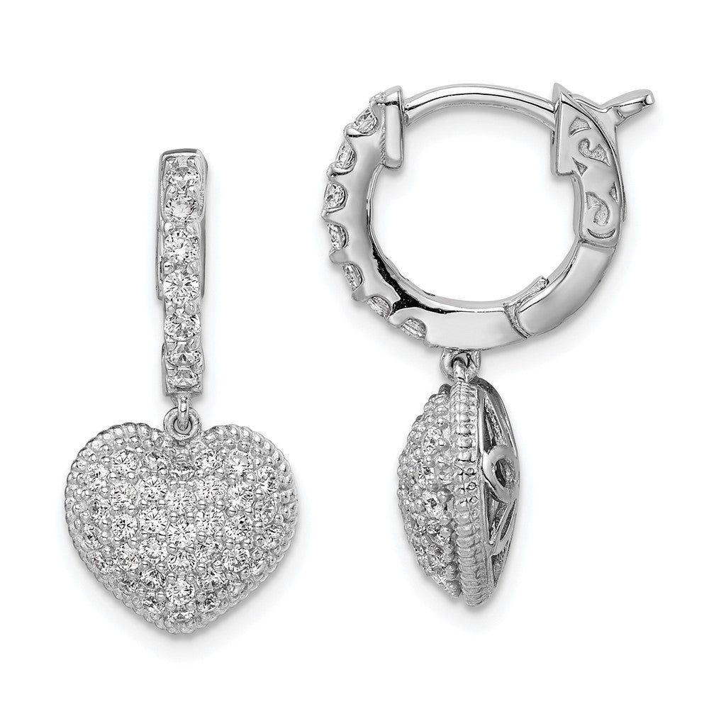 Sterling Shimmer Sterling Silver Rhodium-plated 86 Stone CZ PavÇ Heart Dangle Hinged Hoop Earrings