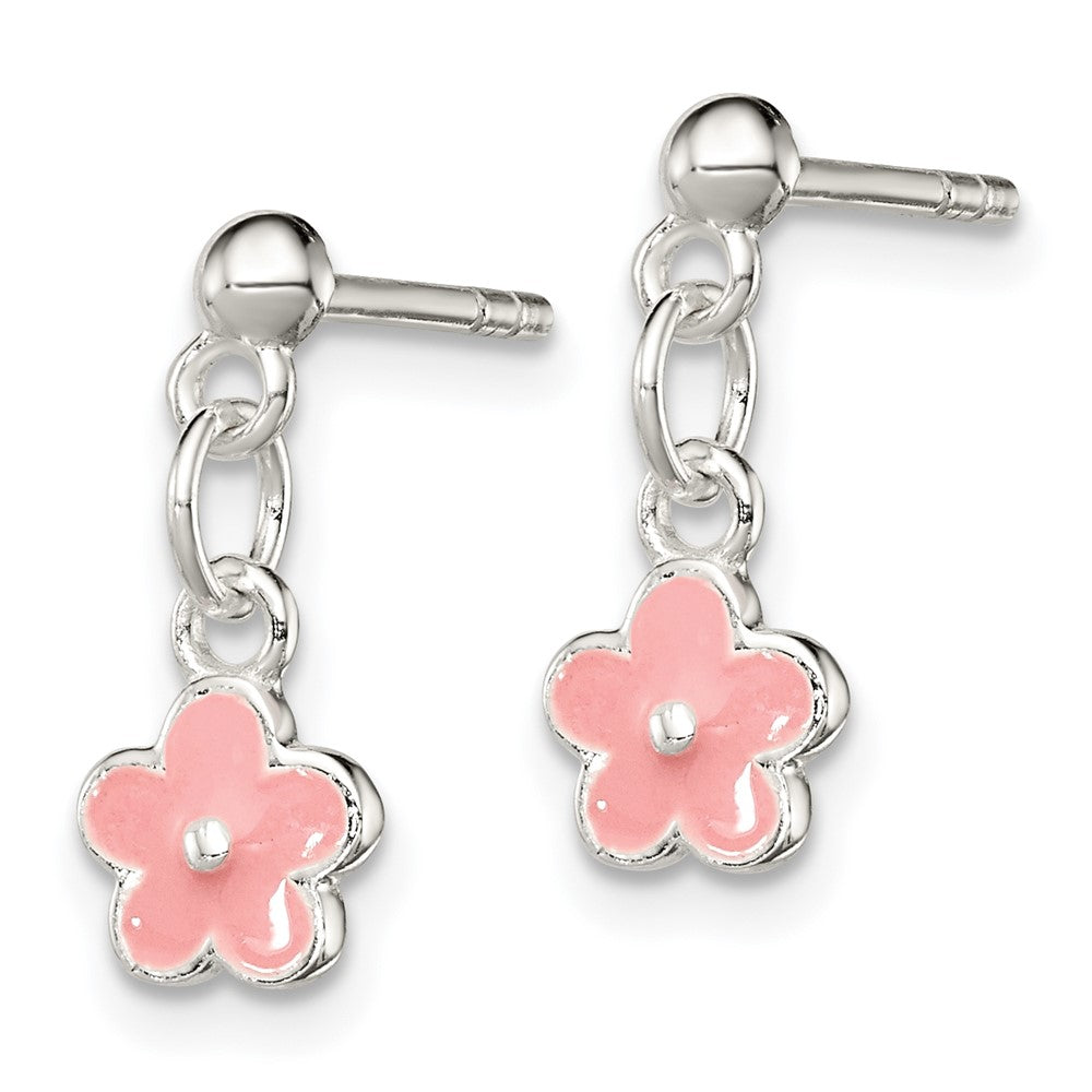 Sterling Silver Polished Pink Enameled Flower Children's Post Dangle Earrings