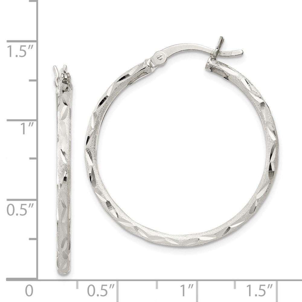 Sterling Silver Satin Diamond-cut 2x31mm Hoop Earrings