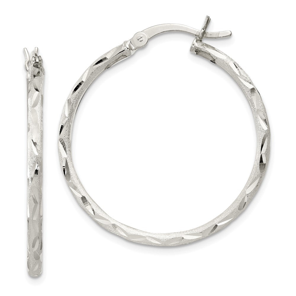 Sterling Silver Satin Diamond-cut 2x31mm Hoop Earrings