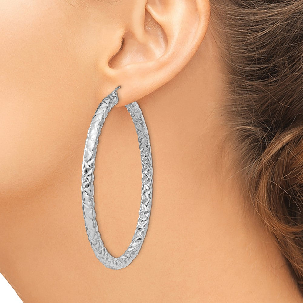 Sterling Silver Rhodium-plated Textured 4x60mm Hoop Earrings
