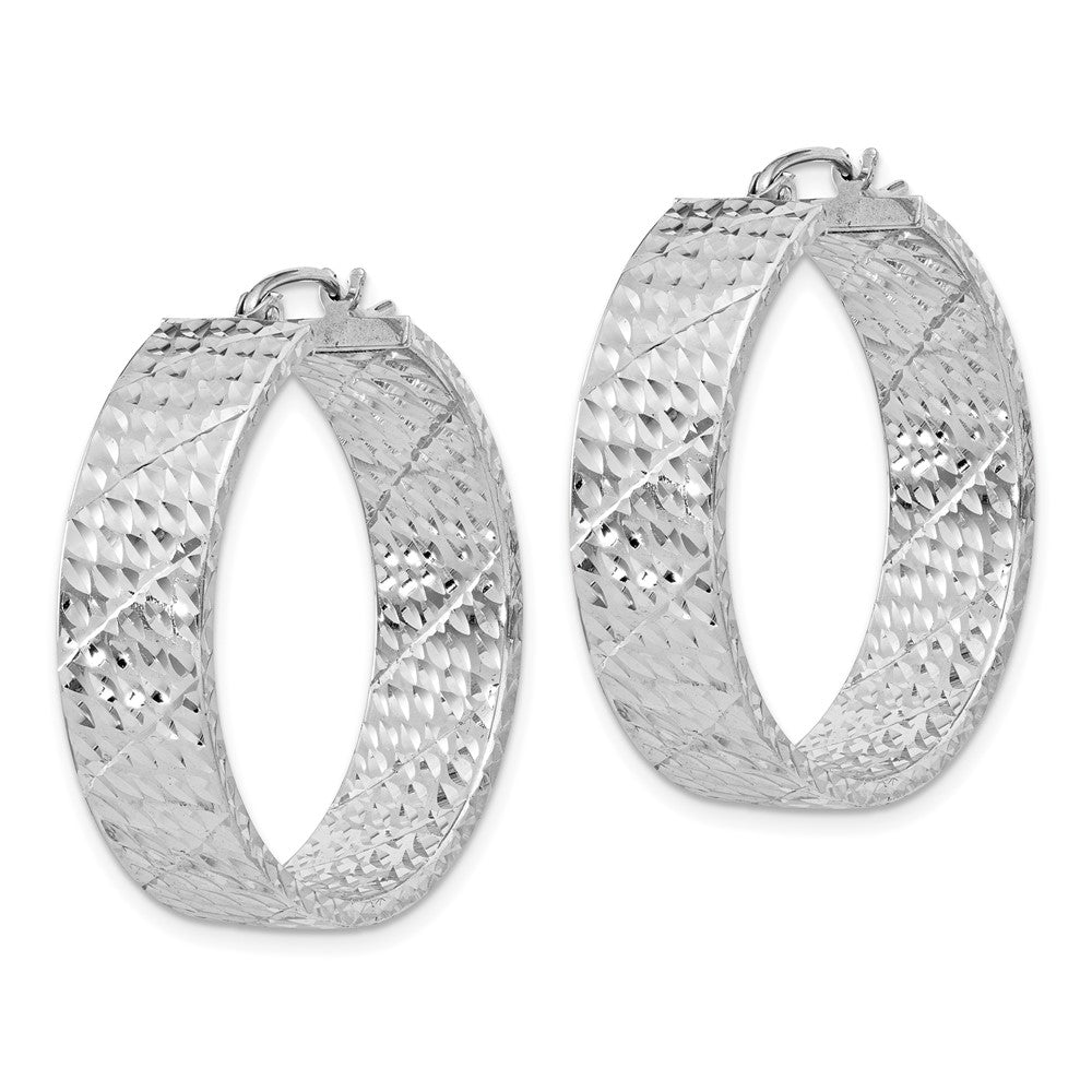 Sterling Silver Rhodium-plated Diamond-cut 7.75x30mm Hoop Earrings