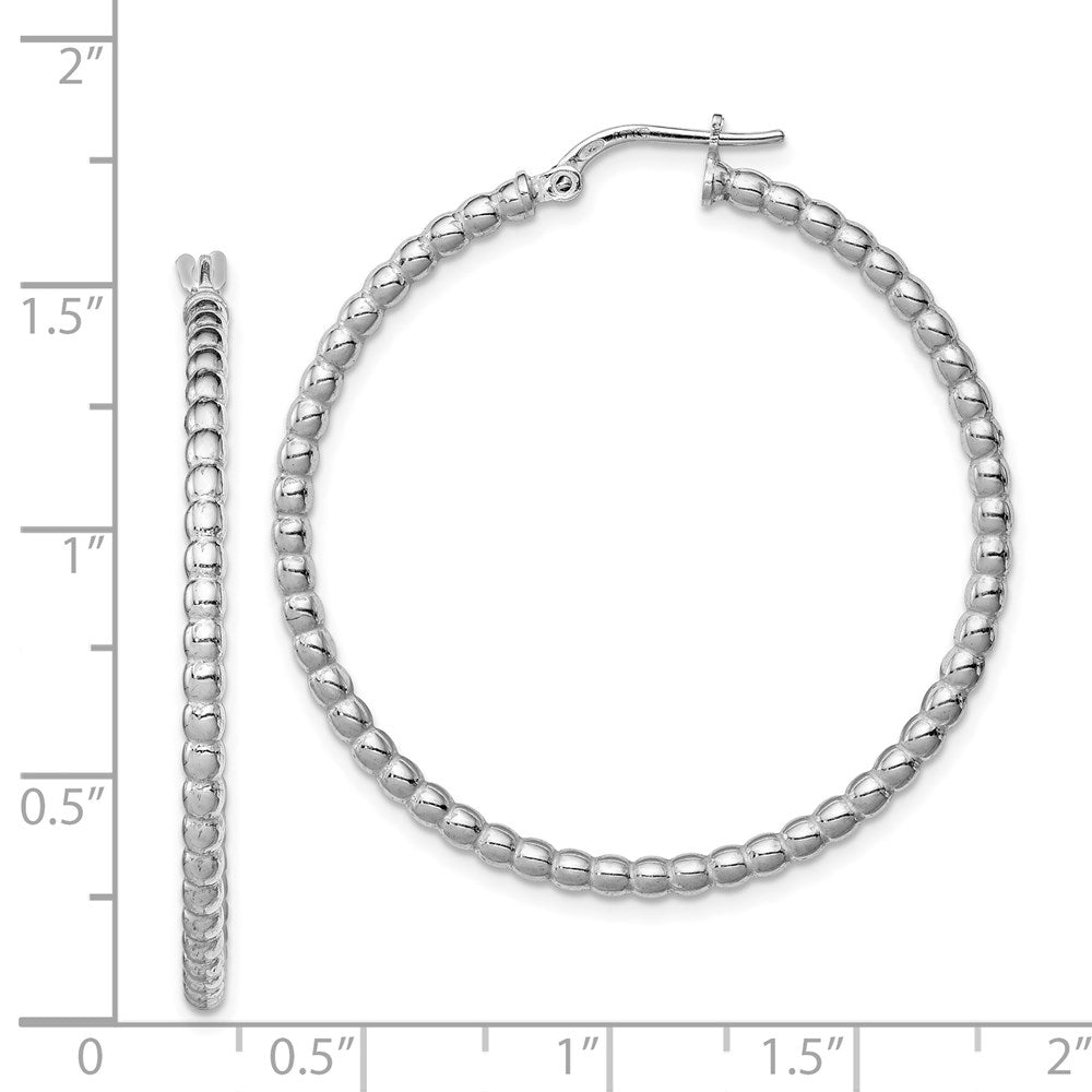 Sterling Silver Rhodium-plated Beaded 3x35mm Hoop Earrings