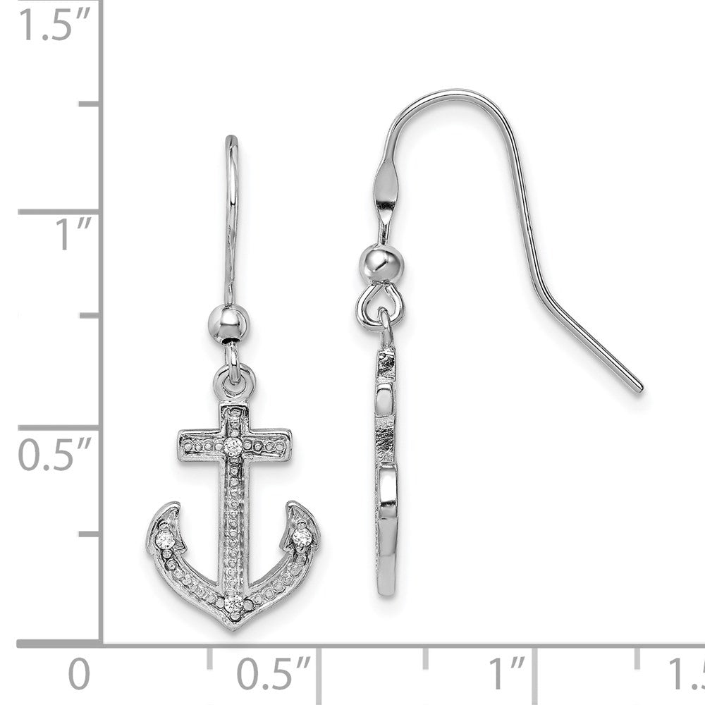 Sterling Silver Rhodium-plated Polished CZ Anchor Shepherd Hook Earrings