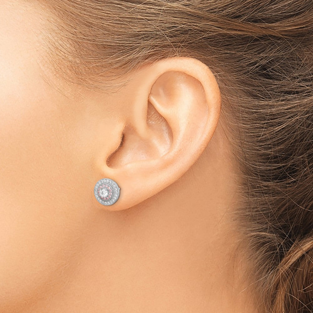 Sterling Silver Rhodium & Rose Gold-plated PavÇ CZ Circle Post Earrings