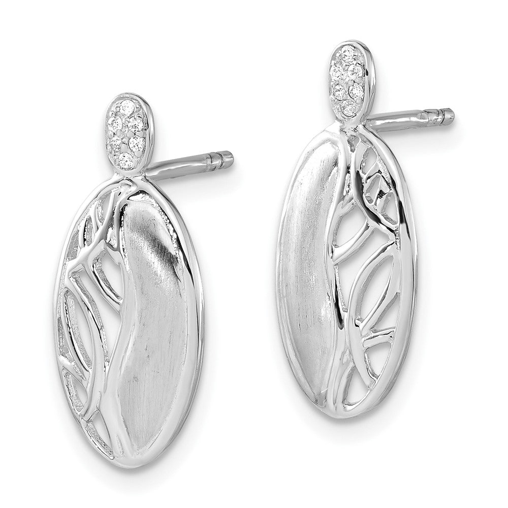 Sterling Silver Polished & Satin CZ Oval Post Earrings