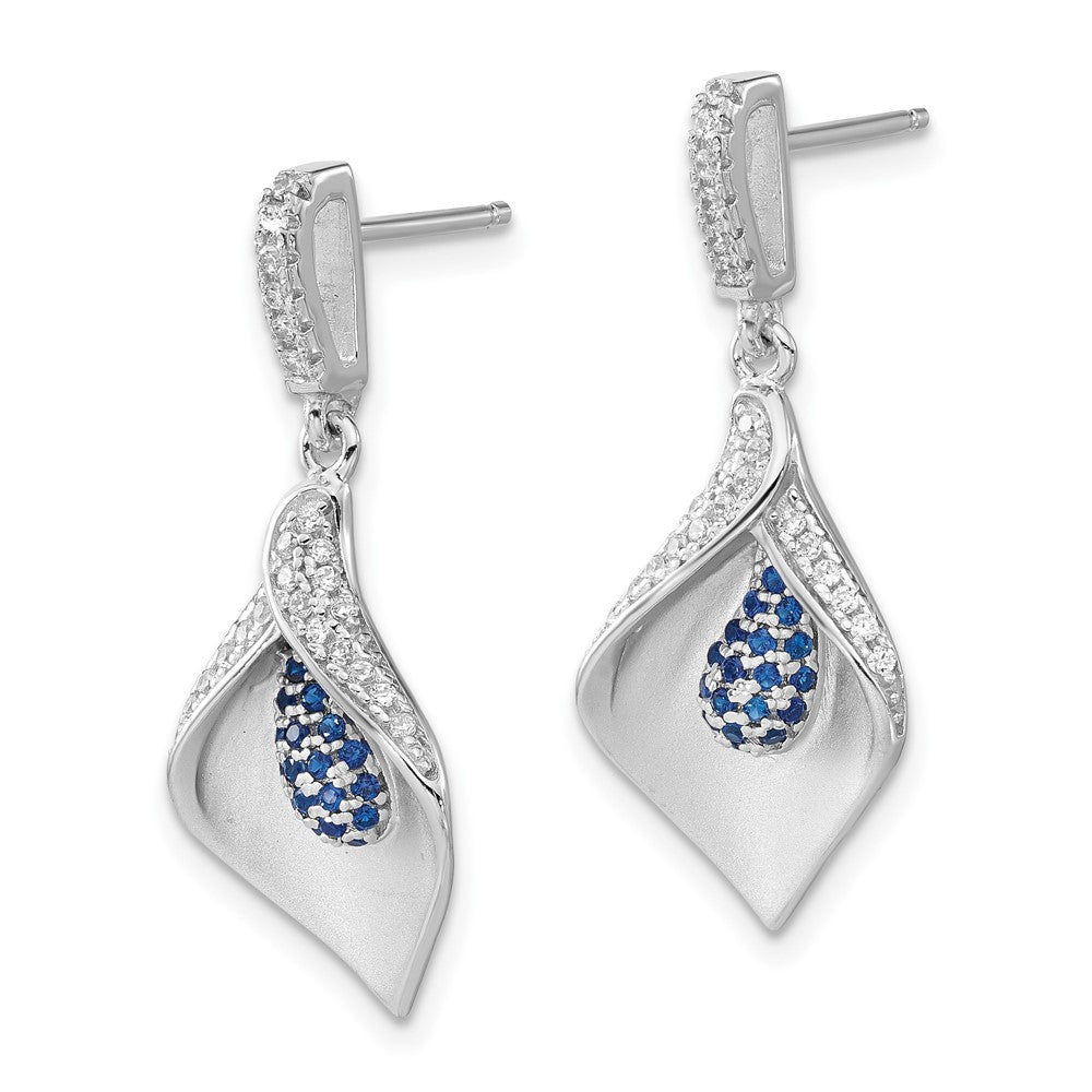 Sterling Silver Polished & Satin White & Blue CZ Dangle Post Earrings