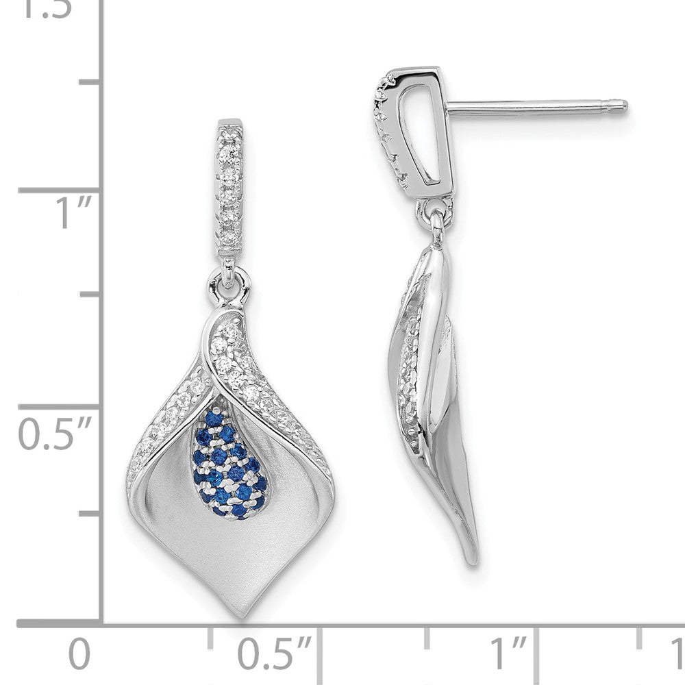Sterling Silver Polished & Satin White & Blue CZ Dangle Post Earrings