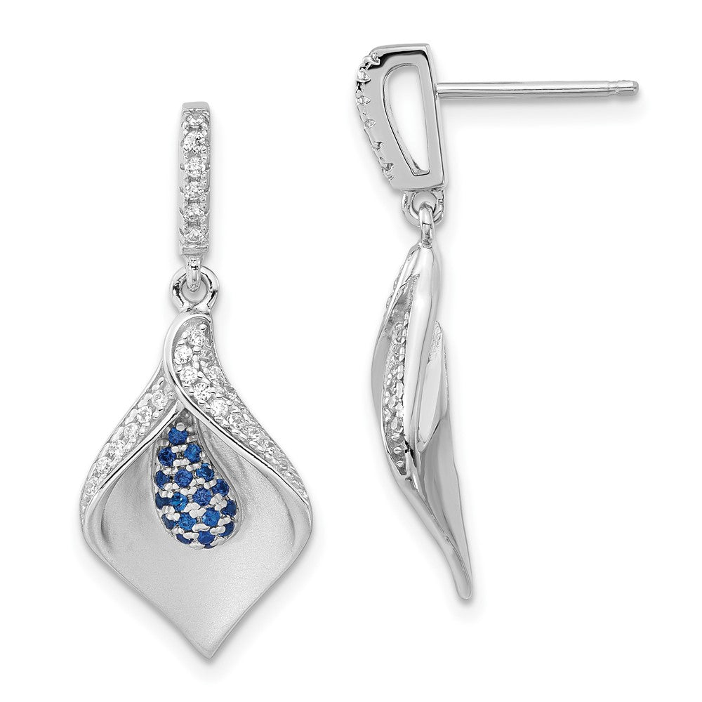 Sterling Silver Polished & Satin White & Blue CZ Dangle Post Earrings