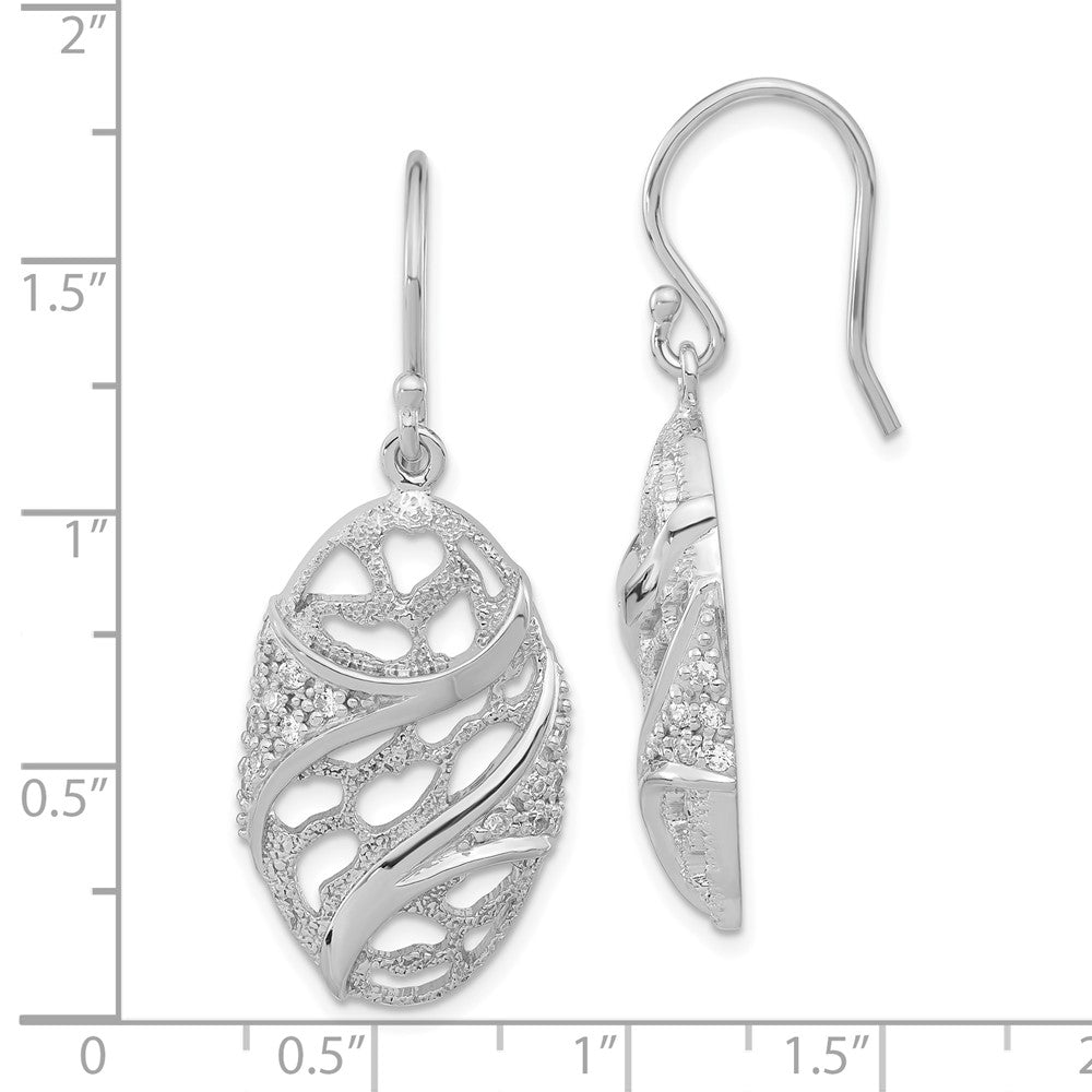 Sterling Silver Polished & Textured CZ Oval Dangle Earrings