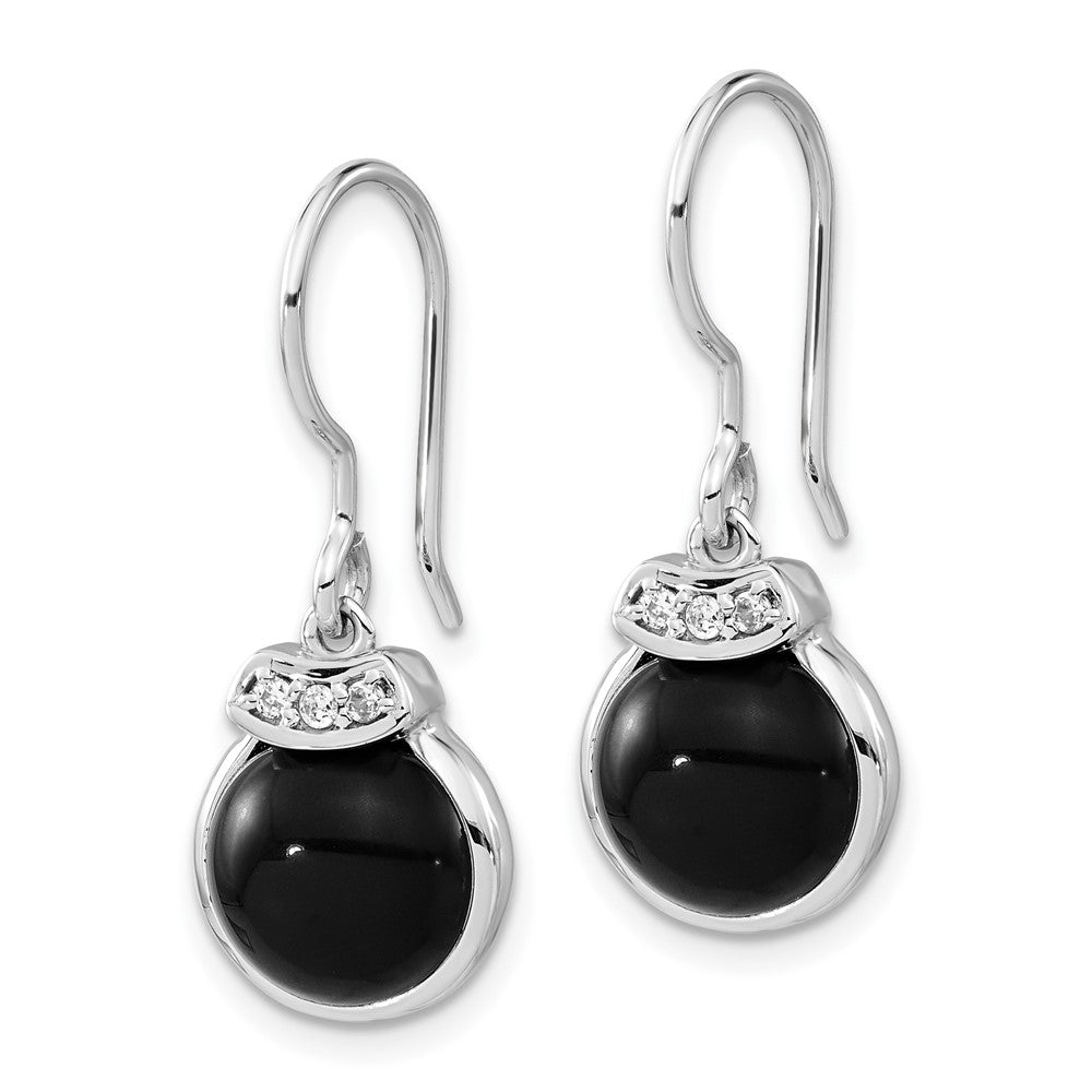 Sterling Silver Polished Round Black Agate & CZ Dangle Earrings