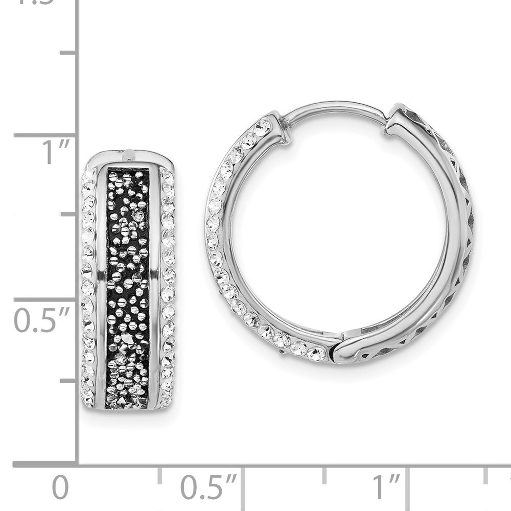 Sterling Silver Polished White & Black Crystal Hinged Round Hoop Earrings