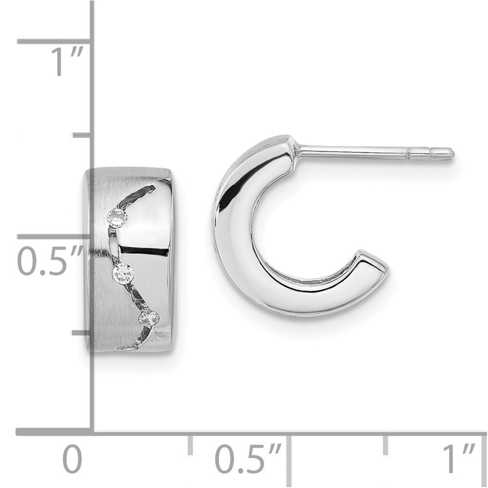 Sterling Silver Brushed & Polished CZ Post C-Hoop Earrings