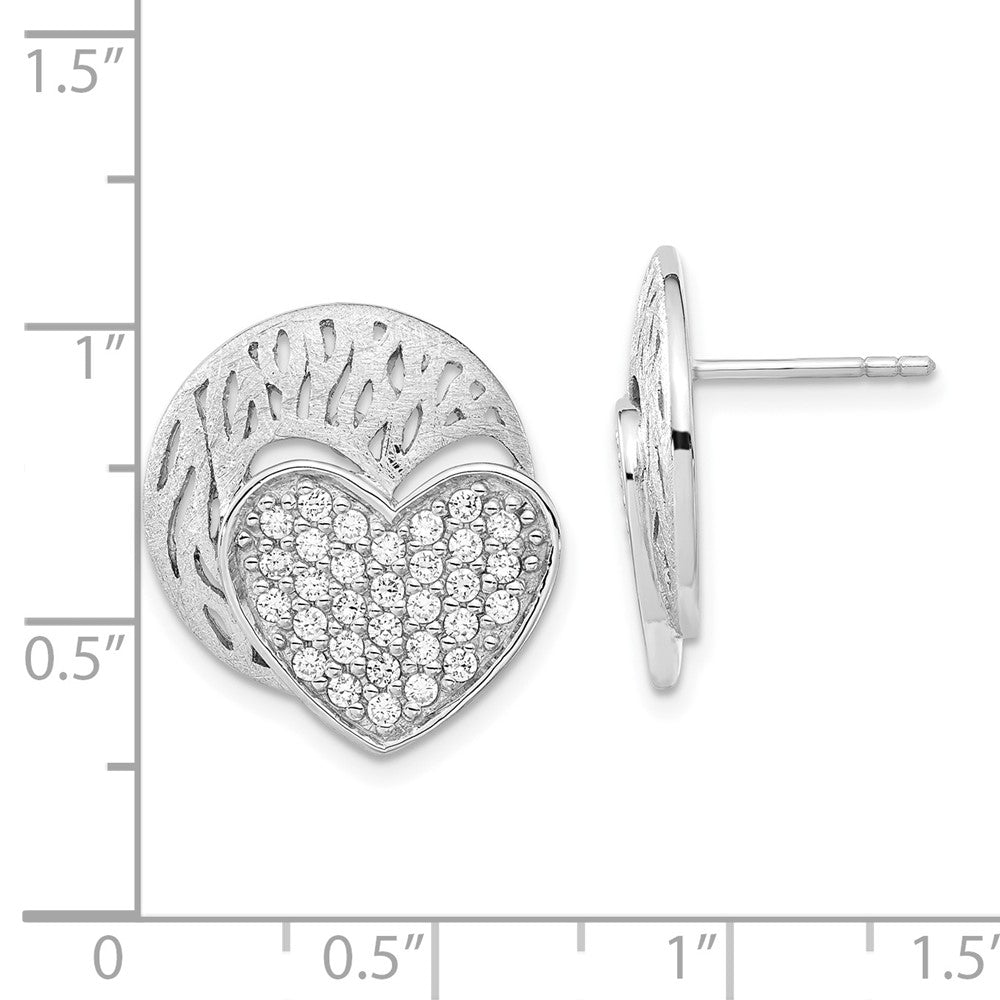 Sterling Silver Polished & Brushed CZ Heart Circle Post Earrings