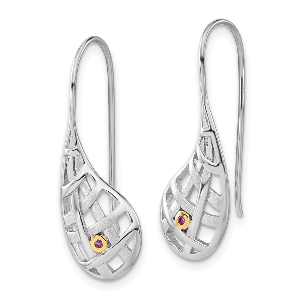 Sterling Silver Gold-plated Polished & Satin Amethyst Criss Cross Teardrop Dangle Earrings