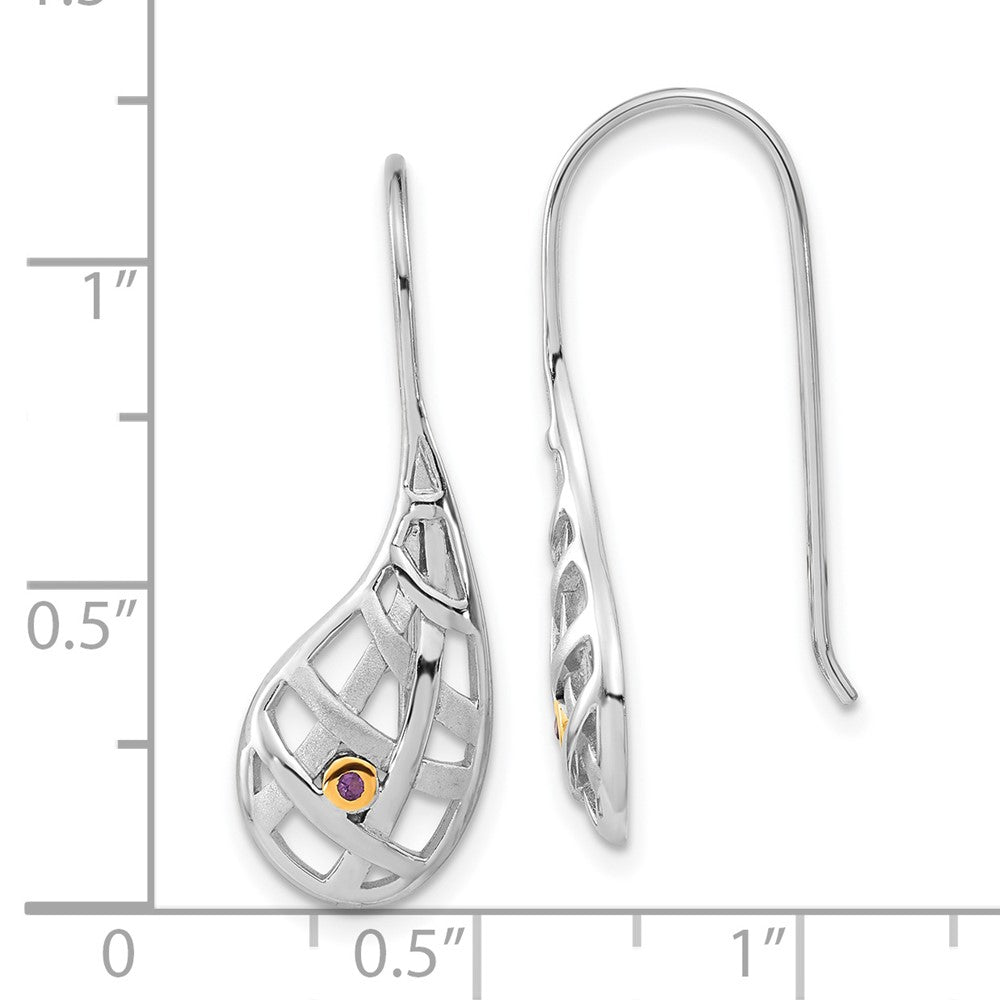 Sterling Silver Gold-plated Polished & Satin Amethyst Criss Cross Teardrop Dangle Earrings