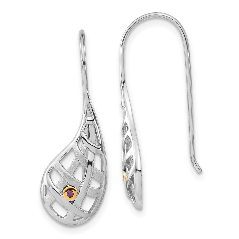 Sterling Silver Gold-plated Polished & Satin Amethyst Criss Cross Teardrop Dangle Earrings