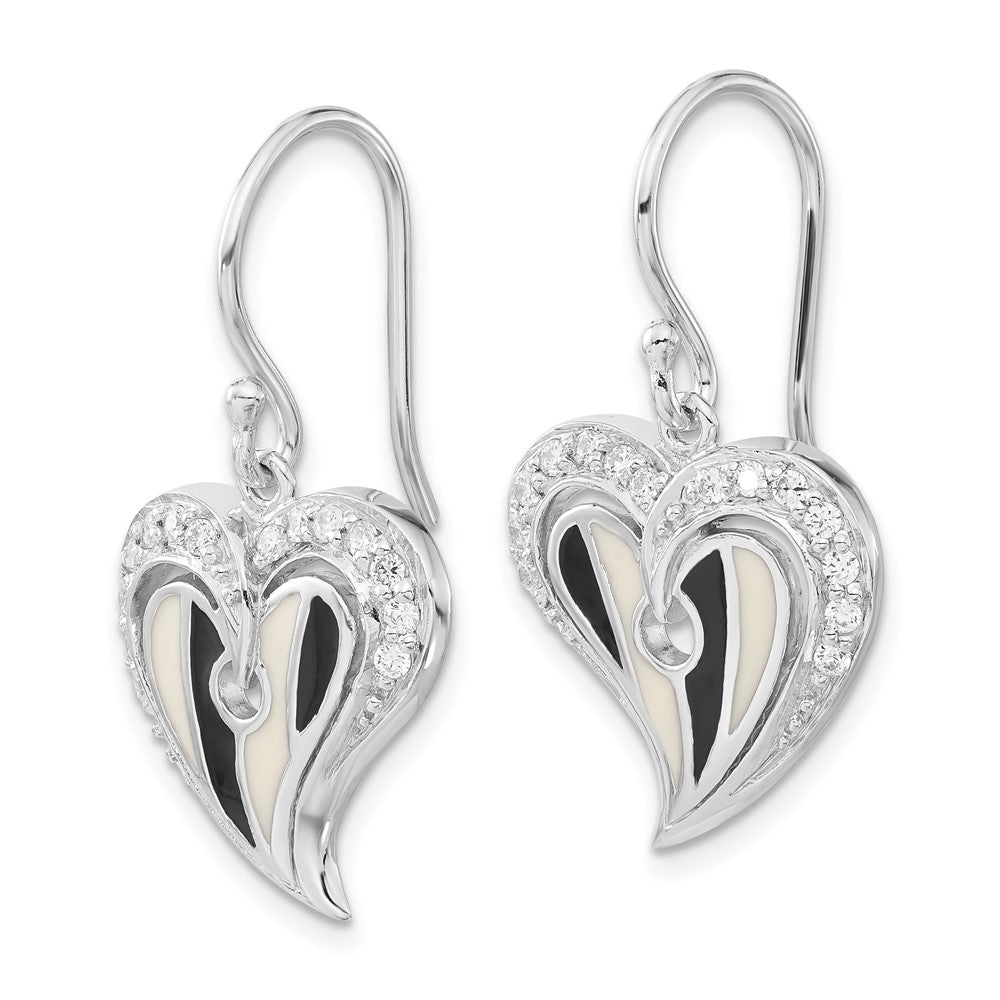 Sterling Silver Polished Black & White Enamel CZ Heart Dangle Earrings