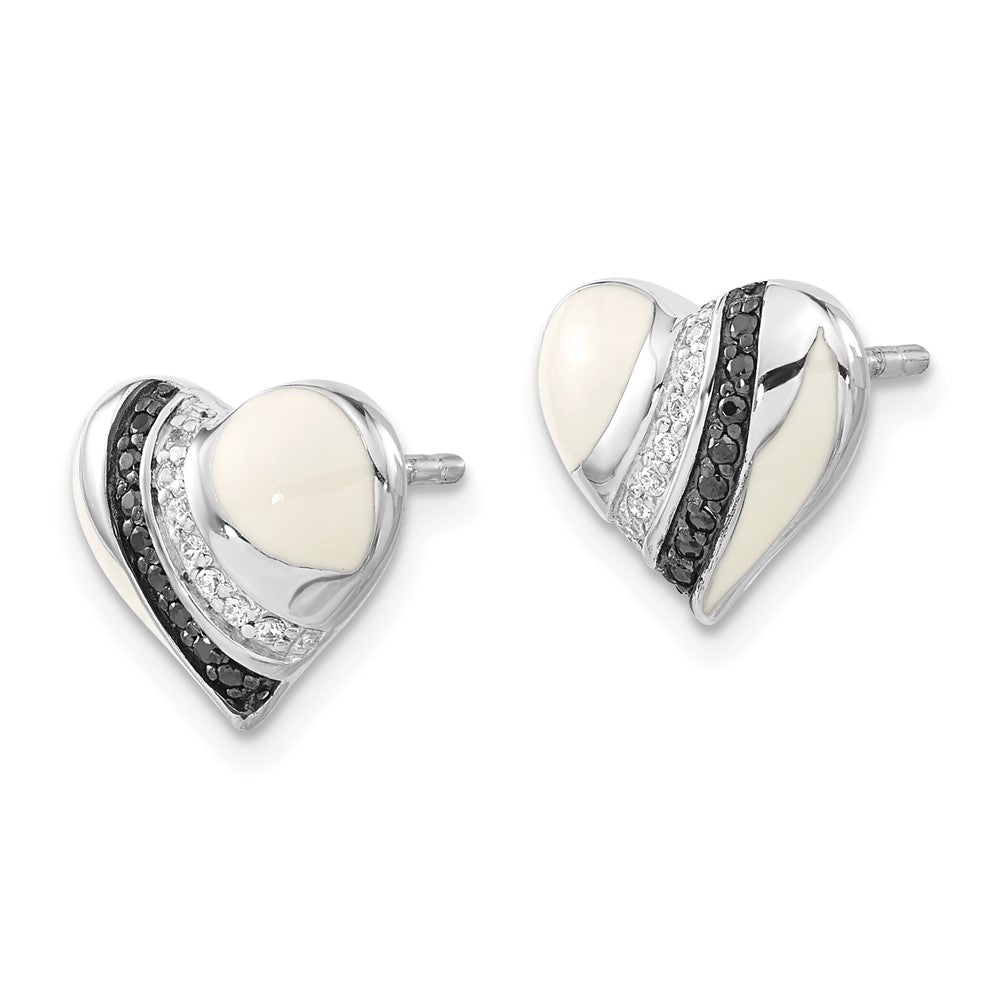 Sterling Silver Black Rhodium-plated Enameled Black & Clear CZ Heart Post Earrings