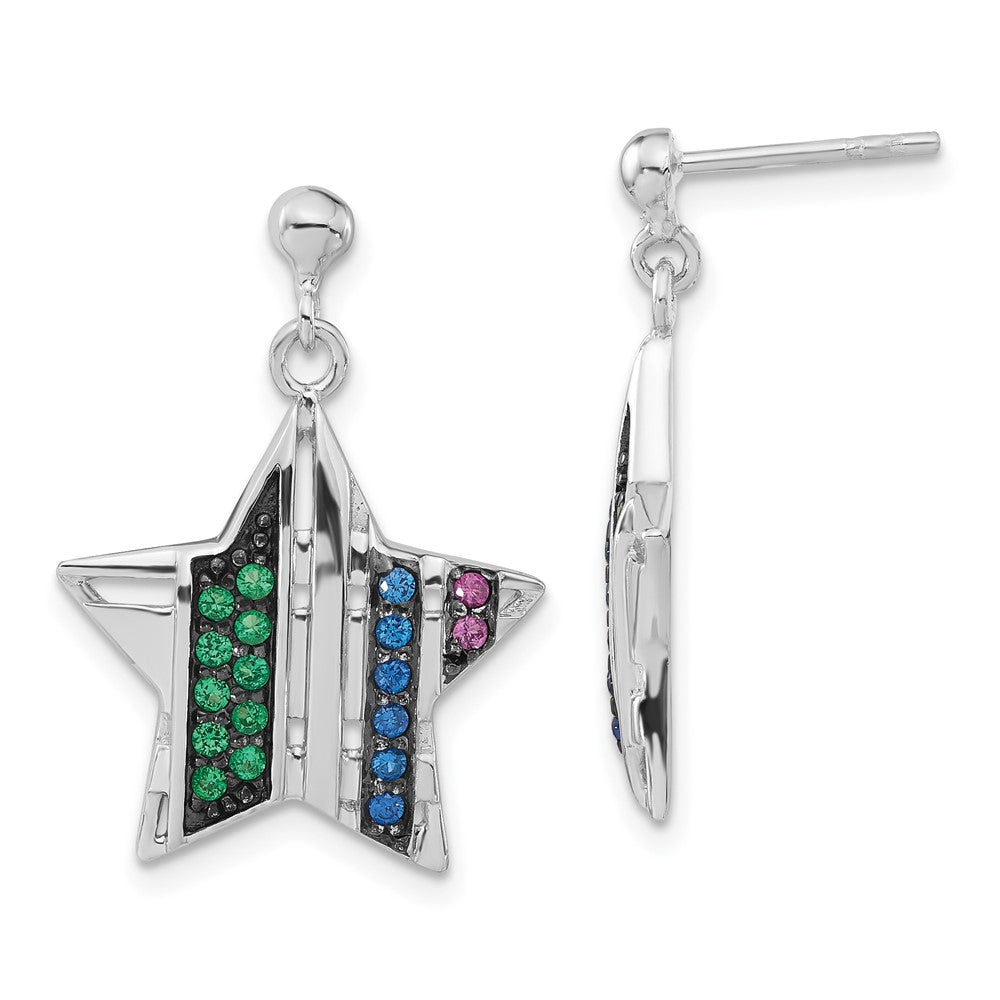 Sterling Silver w/ Black Rhodium Synthetic Spinel & Synthetic Ruby Star Post Dangle Earrings