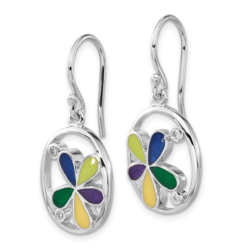 Sterling Silver Enameled & CZ Flower Oval Shepherd Hook Dangle Earrings