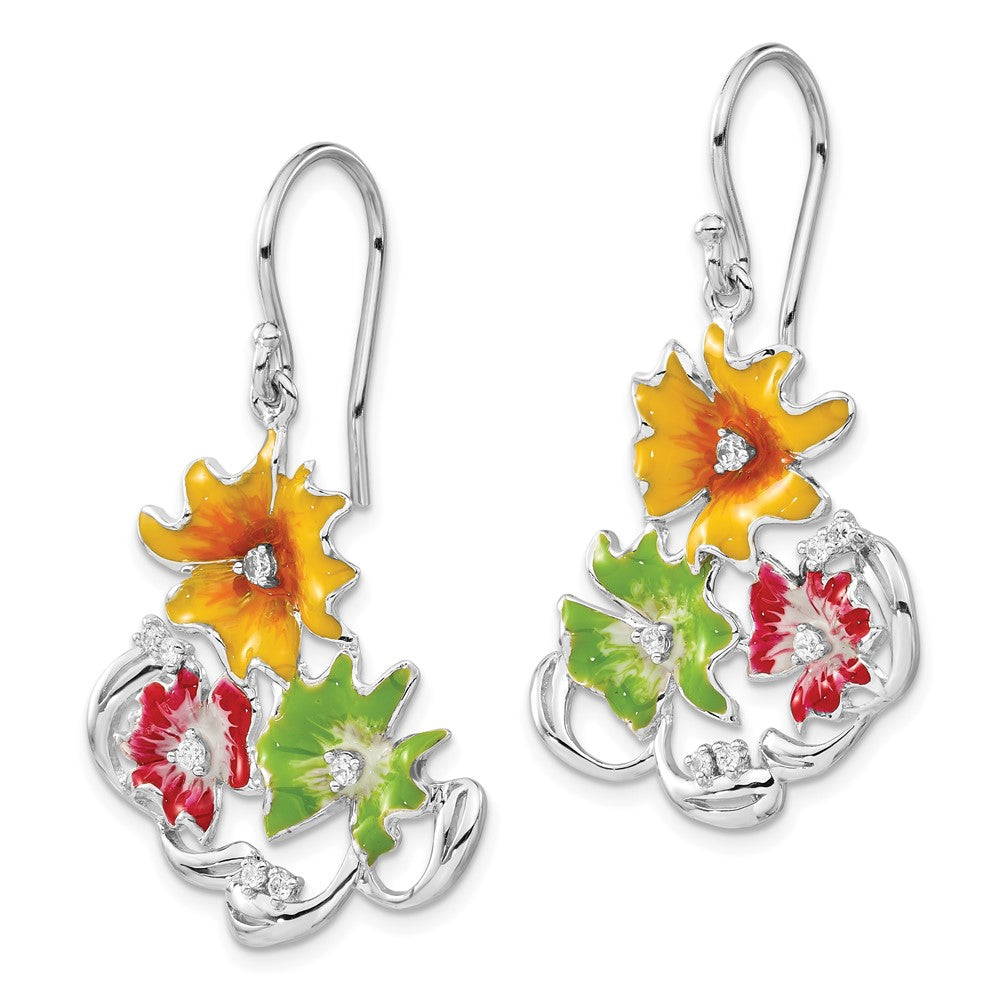 Sterling Silver Red, Green & Yellow Enamel CZ Flowers Dangle Earrings