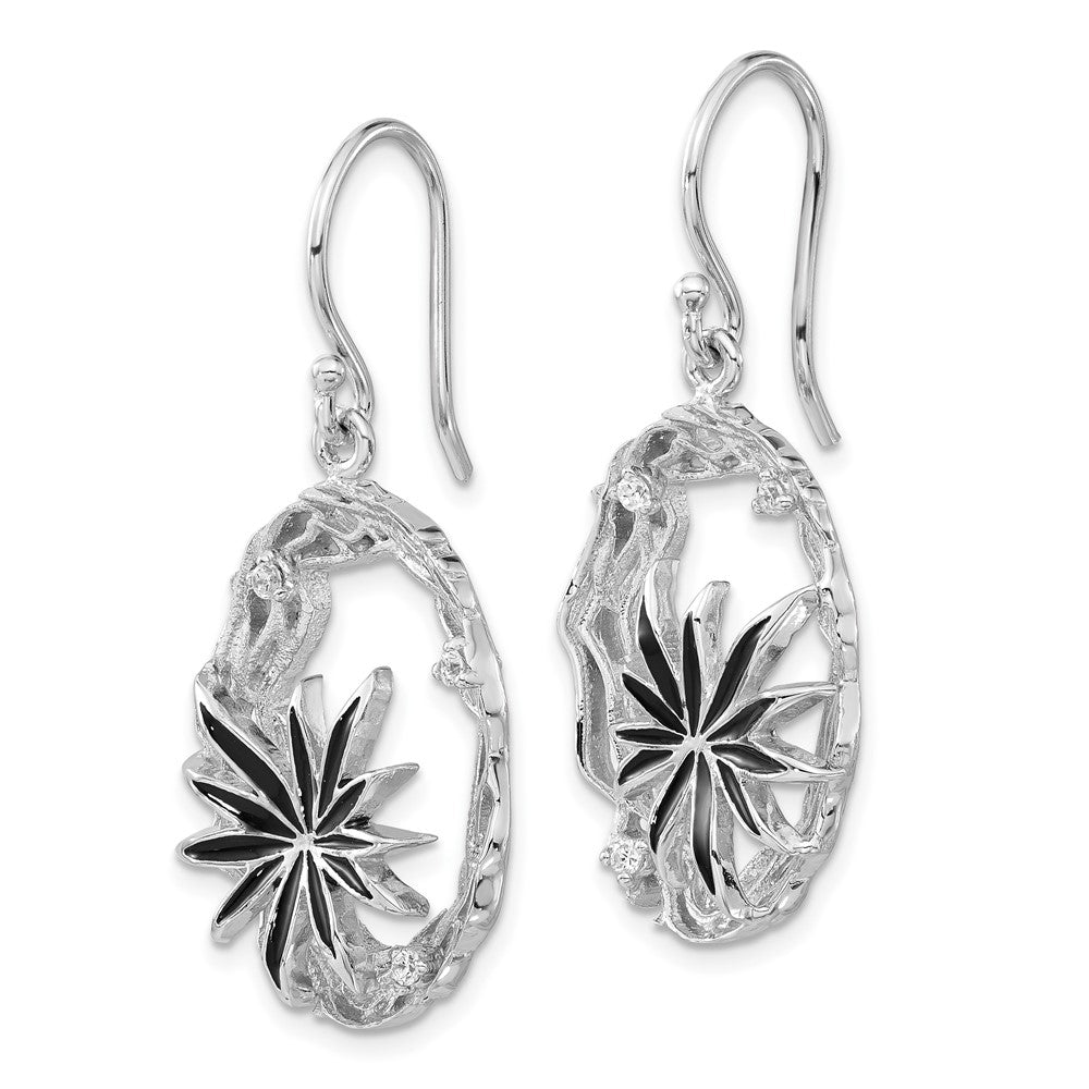 Sterling Silver Polished & Textured Black Enamel CZ Flower Dangle Earrings