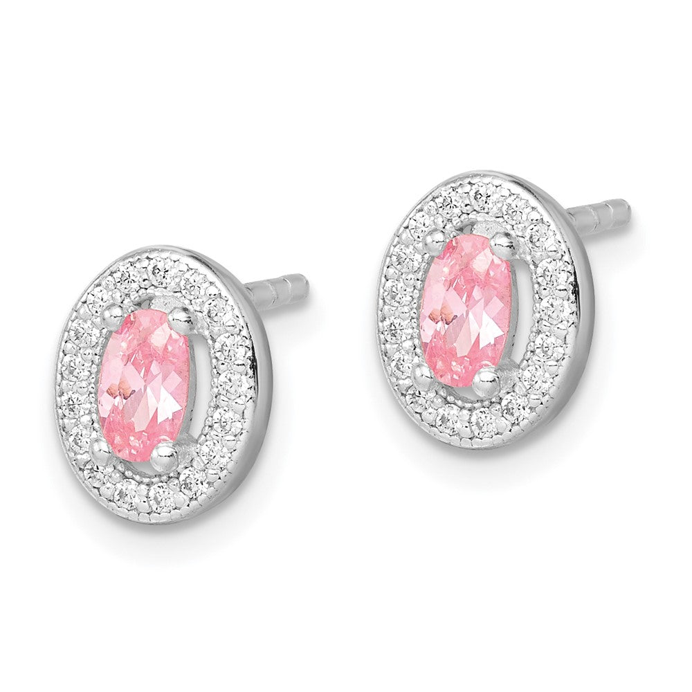 Sterling Silver Rhod-plated Pink and White CZ Oval Stud Earrings