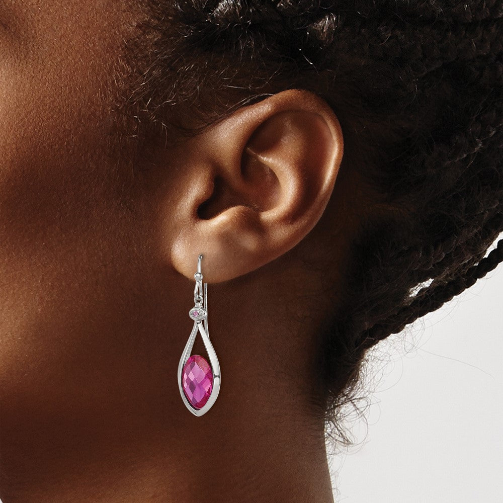 Sterling Silver RH-plated Polished Synthetic Pink Bead Shepherd Hook Earri