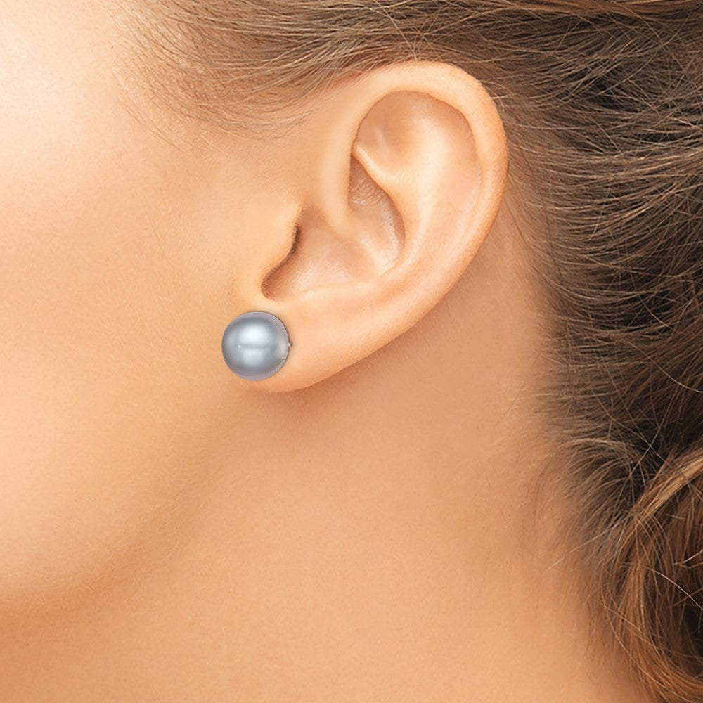 Sterling Silver Rh-plated 12-13mm Grey FWC Button Pearl Earrings