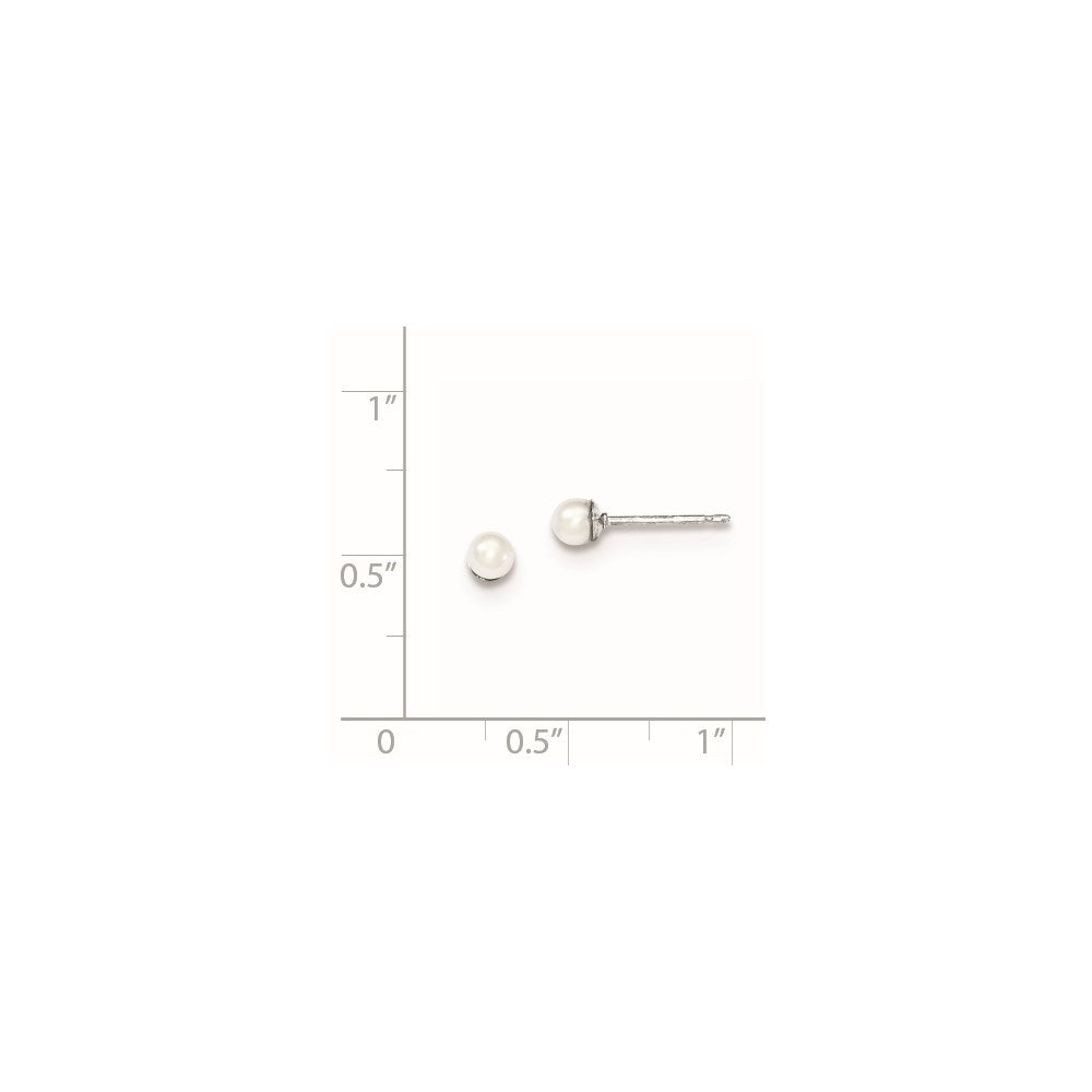 Sterling Silver Rhodium Plated 3-4mm White Round Freshwater Cultured Pearl Post Stud Earrings