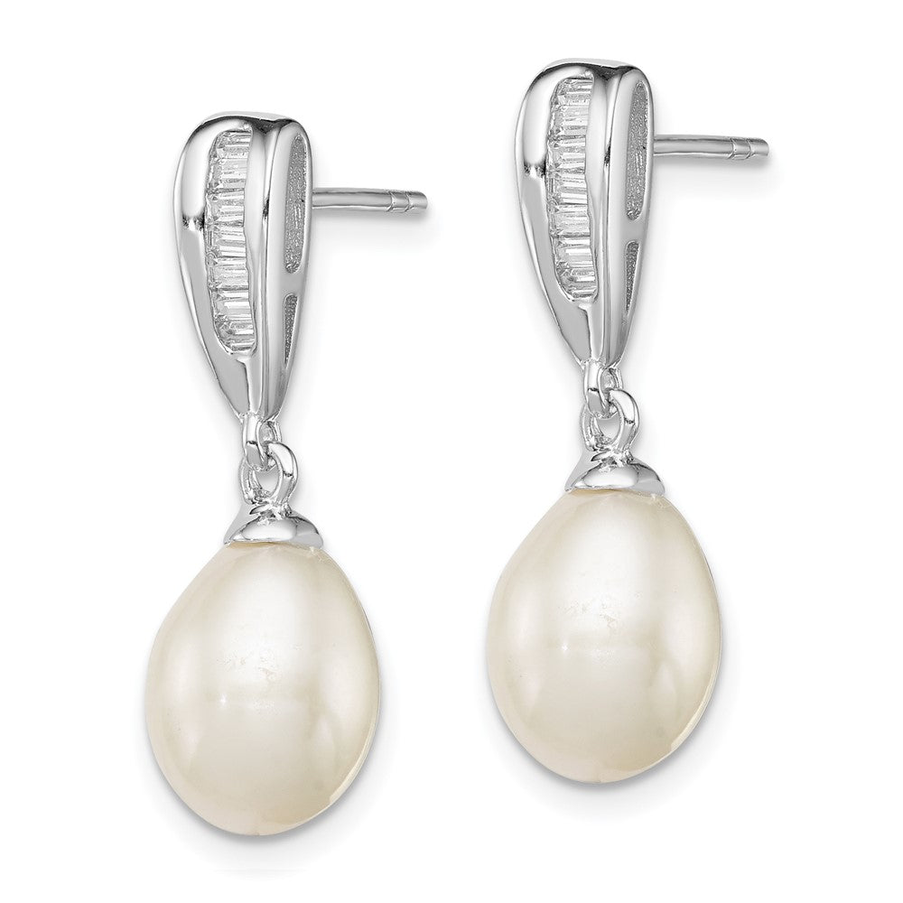 Sterling Silver Rhodium Plated Clear CZ and 7-8mm White Freshwater Cultured Pearl Dangle Post Earrings