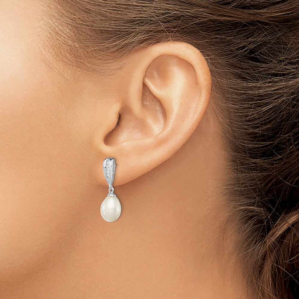 Sterling Silver Rhodium Plated Clear CZ and 7-8mm White Freshwater Cultured Pearl Dangle Post Earrings