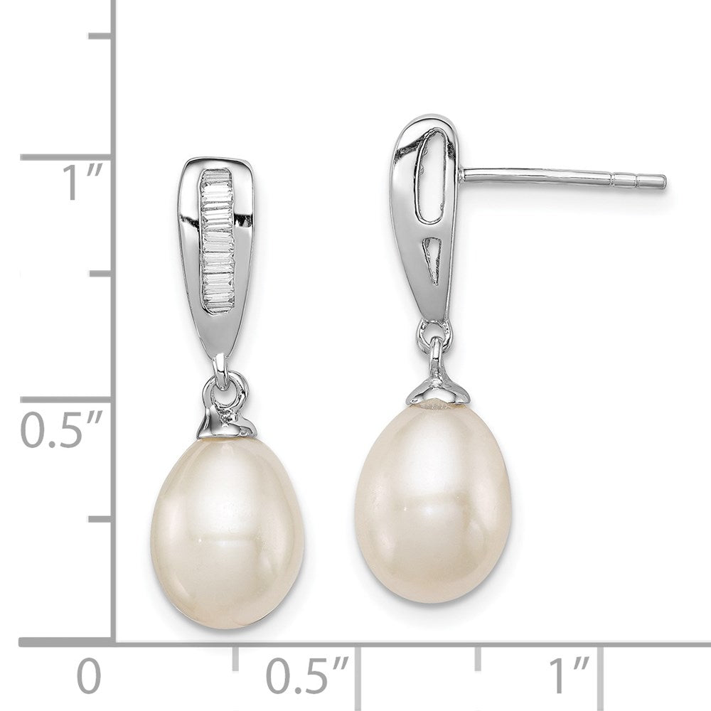 Sterling Silver Rhodium Plated Clear CZ and 7-8mm White Freshwater Cultured Pearl Dangle Post Earrings
