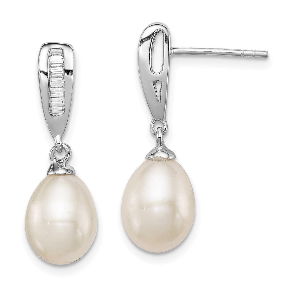 Sterling Silver Rhodium Plated Clear CZ and 7-8mm White Freshwater Cultured Pearl Dangle Post Earrings