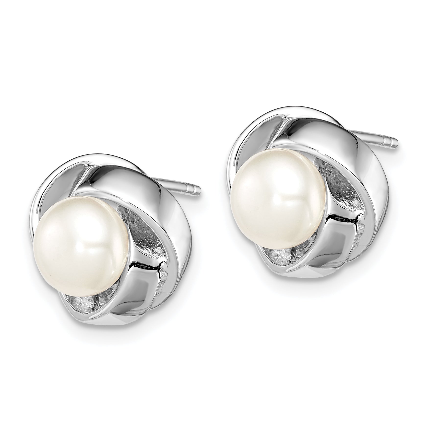 Sterling Silver Rhodium-plated 6-7mm White Button Freshwater Cultured Pearl Knot Post Earrings