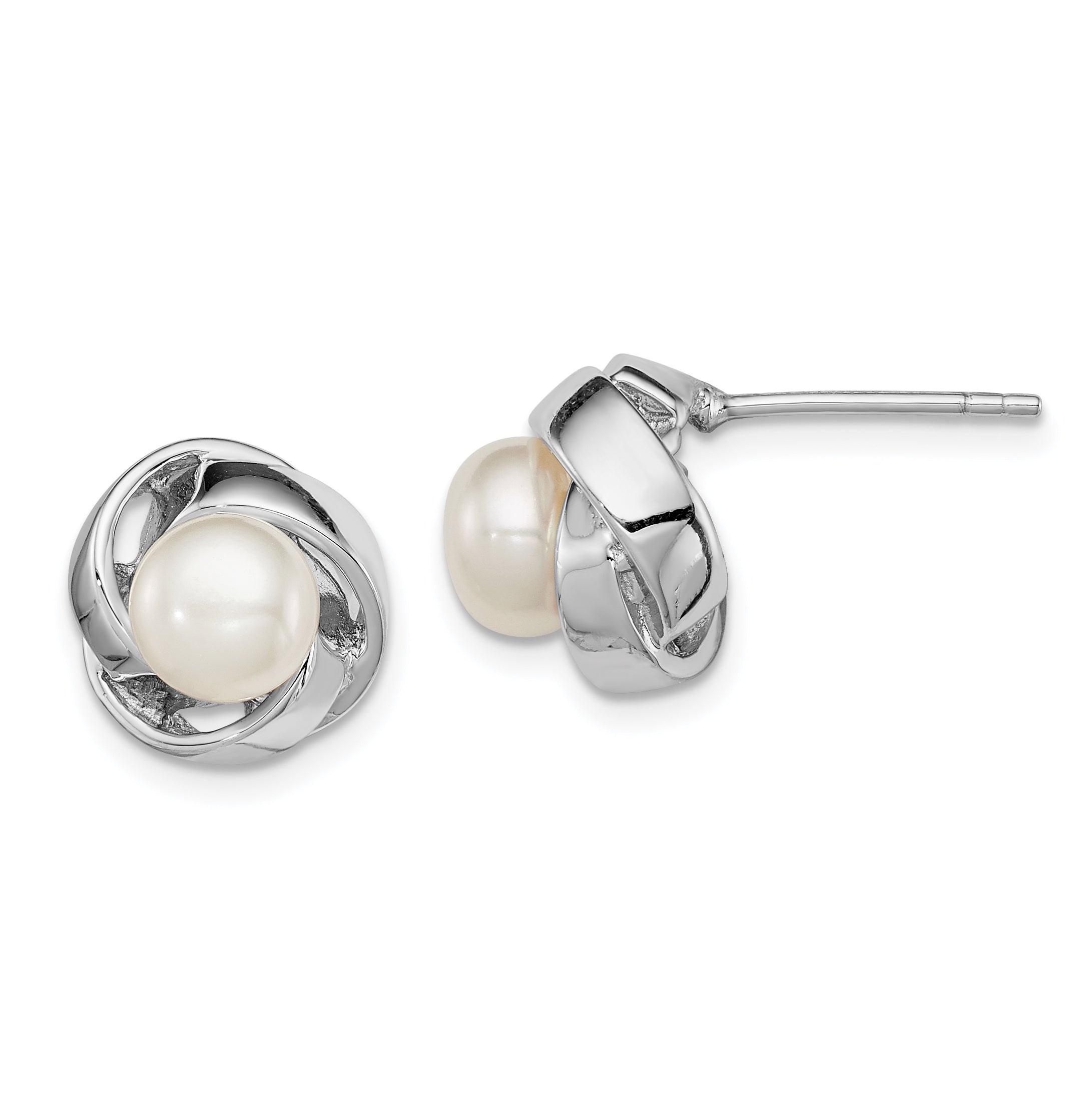 Sterling Silver Rhodium-plated 6-7mm White Button Freshwater Cultured Pearl Knot Post Earrings