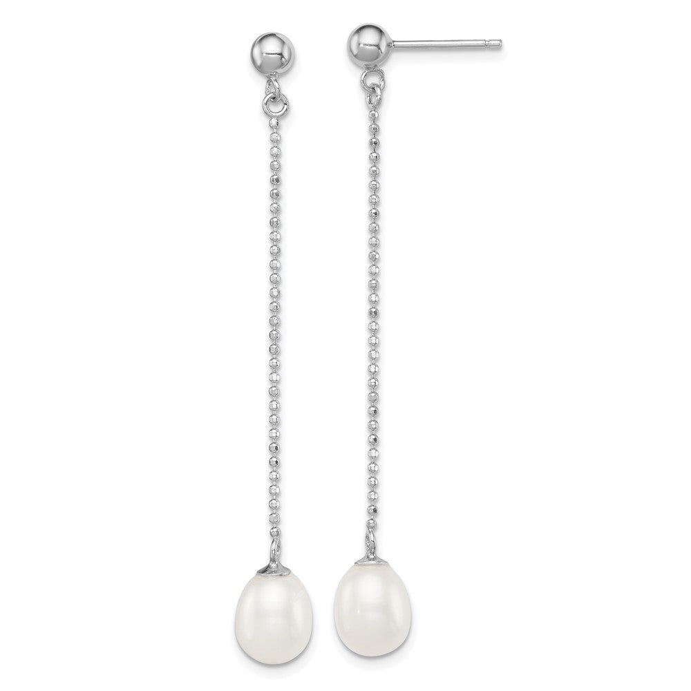 Sterling Silver Rhodium Plated 7-8mm White Freshwater Cultured Pearl Long Dangle Post Earrings